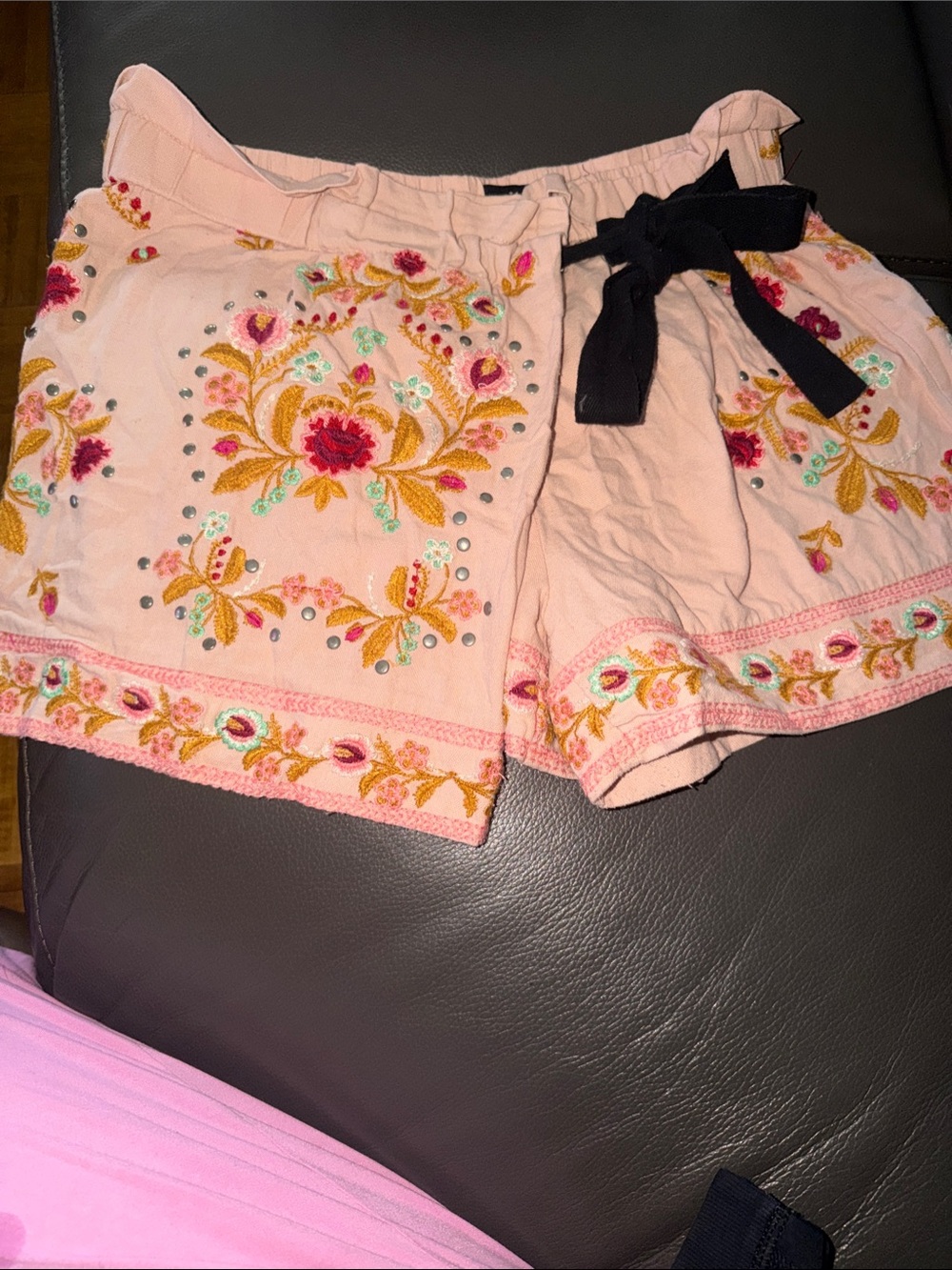Zara Light Pink Embroidered Floral High Waist Shorts with Black Tie